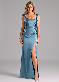 Azazie Jessamine Bridesmaid Dresses Steel Blue A-Line Corset Stretch Satin Dress image3