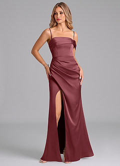 Azazie Lisbeth At-home Try On Dresses Desert Rose Mermaid Off the Shoulder Stretch Satin Convertible Dress image6