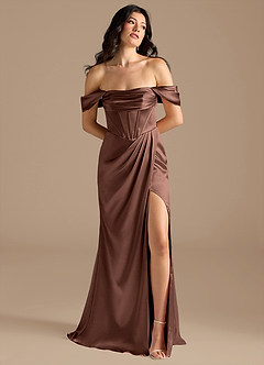 Azazie Lynden At-home Try On Dresses Auburn Sheath Off the Shoulder Metallic Satin Convertible Dress image1