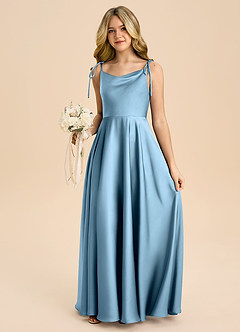 Azazie Popsy Junior Steel Blue A-Line Bow Stretch Satin Dress image5