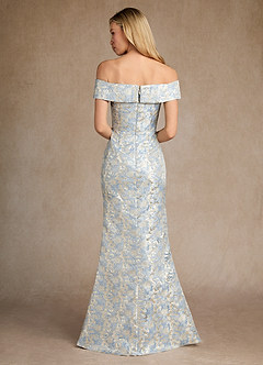 Azazie Canton Mother of the Bride Dresses Dusty Blue Mermaid Off the Shoulder Jacquard Dress image4