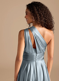 Azazie Charlize Bridesmaid Dresses Dusty Blue A-Line One Shoulder Metallic Satin Dress image3