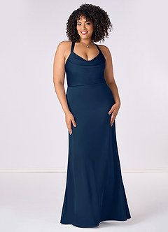 Barbie ♥ Azazie Bridesmaid Dresses Dark Navy Mermaid Pleated Stretch Satin Dress image6