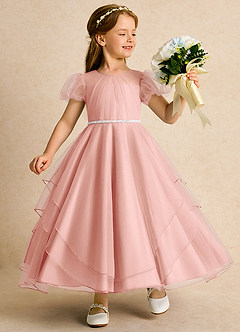 Azazie Duckie Blumenmädchenkleider Ballkleid Plissee Tüll Kleid Rosettenrosa image1