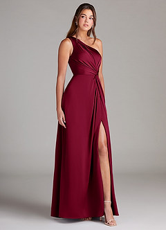 Azazie Brooke Bridesmaid Dresses Burgundy A-Line One Shoulder Stretch Satin Dress image4