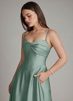Azazie Meleena Vestidos de damas de honor Vestido de Salvia Plateada de Satén Elástico de Línea A con Sin tirantes image2