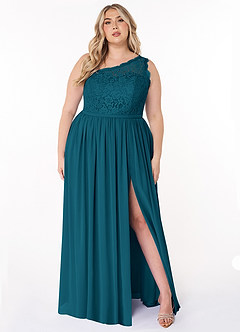 Azazie Demi Vestidos de damas de honor Vestido de Azul Tinta de Gasa de Corte en A con Hombro unilateral image11