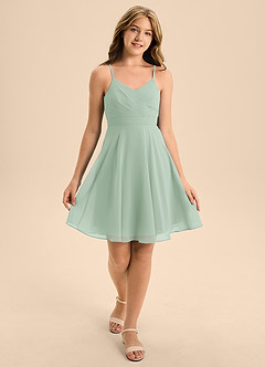 Azazie Avelina Junior Agave A-Line Pleated Chiffon Dress image3
