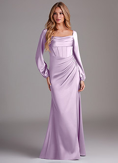 Azazie Charissa Bridesmaid Dresses Frosted Lilac Sheath Long Sleeve Stretch Satin Dress image3
