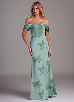 Azazie Saige Robes de demoiselle d'honneur Robe Fourreau en Satin extensible Épaule décolletée Fleurs De Sauge Poussiéreuse image4