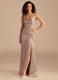 Azazie Jesaphine Bridesmaid Dresses Taupe Sheath Bow Metallic Satin Dress image3