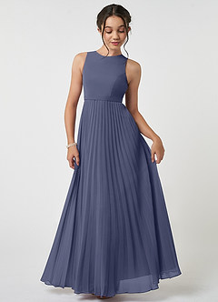 Azazie Lindie Junior Robe Trapèze en Mousseline de soie Plissée Bleu Orageux image1