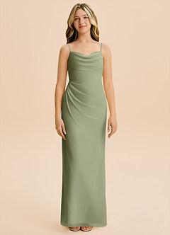 Azazie Mai Junior Vestido de Pistacho de Gasa de Corte Recto con Plisado image3