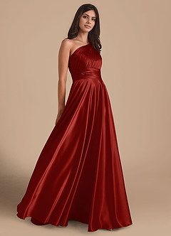 Azazie Charlize Bridesmaid Dresses Rust A-Line One Shoulder Metallic Satin Dress image4