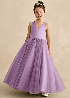 Azazie Peanut Robe Demoiselle D'honneur Fillette Robe Trapèze en Tulle Bretelle Glycine image4