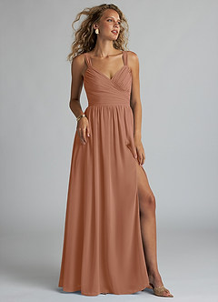 Azazie Aziza Bridesmaid Dresses Bronzer A-Line V-Neck Pleated Chiffon Dress image1