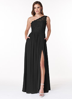 Azazie Demi Vestidos de damas de honor Vestido de Negro de Gasa de Corte en A con Hombro unilateral image1
