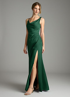 Azazie Samara Robes de demoiselle d'honneur Robe Sirène en Satin extensible Plissée Vert Foncé image3