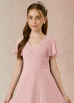 Azazie Induh Junior Vestido Pó Rosa de Chiffon de Linha A com Franzido image4