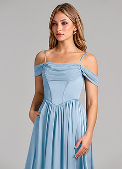 Azazie Raisa Final Sale Sky Blue A-Line Off the Shoulder Stretch Satin Dress image7