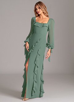 Azazie Candice Bridesmaid Dresses Eucalyptus A-Line Long Sleeve Chiffon Dress image3