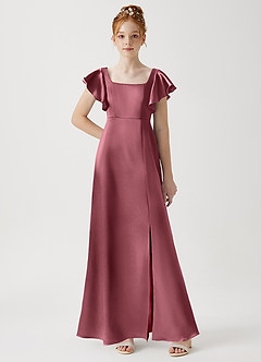 Azazie Bondi Junior Desert Rose A-Line Side Slit Metallic Satin Dress image1