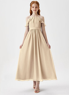 Azazie Chaya Junior Champagne A-Line Off the Shoulder Chiffon Dress image4