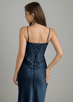 Azazie Allison At-home Try On Dresses Dark Navy Mermaid Corset Stretch Satin Dress image6