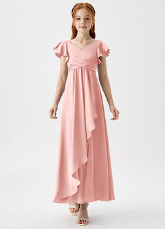 Azazie Omari Junior Powder Pink A-Line Pleated Stretch Satin Dress image5