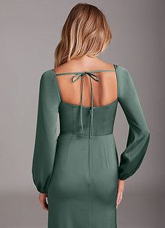 Azazie Charissa Bridesmaid Dresses Sea Moss Sheath Long Sleeve Stretch Satin Dress image2