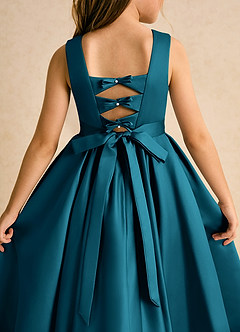 Azazie Junebuj Flower Girl Dresses Ink Blue Ball-Gown Pleated Matte Satin Dress image7