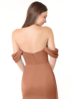 Azazie Amyra Bridesmaid Dresses Bronzer Sheath Off the Shoulder Stretch Satin Convertible Dress image3