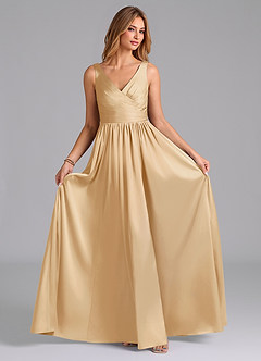 Azazie Keyla Bridesmaid Dresses Gold A-Line Pleated Stretch Satin Dress image4