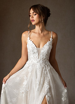 Azazie Monda Wedding Dresses Diamond White A-Line Lace Tulle Dress image6