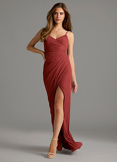 Azazie Maci Bridesmaid Dresses Rust Sheath Pleated Mesh Dress image6