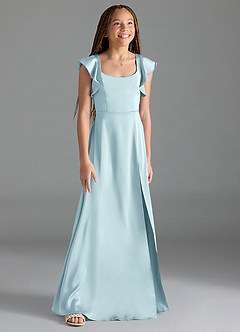 Azazie Bondi Junior Cloud Blue A-Line Side Slit Stretch Satin Dress image3