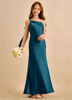 Azazie Almond Girls Formal Sukienki dla dziewczynek sypiących kwiaty Osłona Jedno ramię Satyna elastyczna Długość podłogi Sukienka image2