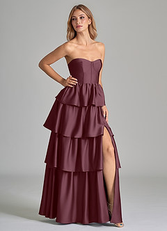 Azazie Faye Bridesmaid Dresses Sangria A-Line Ruched Stretch Satin Dress image1
