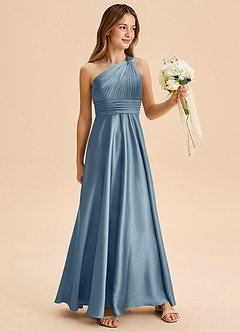 Azazie Charlize Junior Dusty Blue A-Line Pleated Stretch Satin Dress image3