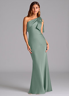Azazie Yuanna Bridesmaid Dresses Silver Sage Mermaid One Shoulder Stretch Satin Dress image1