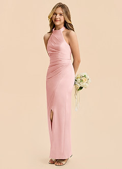 Azazie Jemma Junior Powder Pink Sheath Ruched Stretch Satin Dress image5
