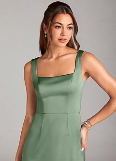 Azazie Flori Vestidos de damas de honor Vestido de Matcha de Satén Elástico de Corte Recto con Corte Lateral image5