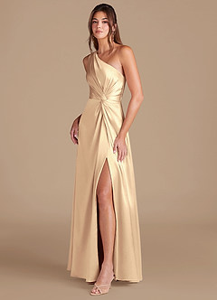 Azazie Brooke Brautjungfernkleider A-Linie One-Shoulder Metallischer Satin Kleid Gold image4