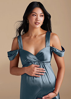 Azazie Rhea Brautjungfernkleider für Schwangere A-Linie Plissee Metallischer Satin Bodenlänge Kleid image3