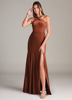 Azazie Rue Bridesmaid Dresses Terracotta A-Line Pleated Velvet Dress image3