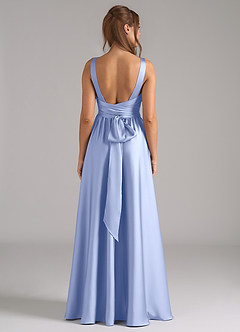 Azazie Kora Essayer des robes à la maison Robe Trapèze en Satin extensible Plissée Bleu Poussiéreux image5
