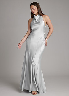 Azazie Sahara Bridesmaid Dresses Silver A-Line Pleated Stretch Satin Dress image6