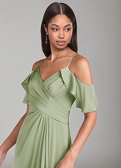 Azazie Dakota Robes de demoiselle d'honneur Robe Trapèze en Satin extensible Épaule décolletée Vert Sauge image5