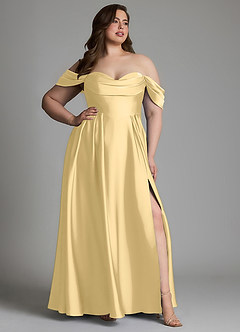 Azazie Loisa Robes de demoiselle d'honneur Robe Trapèze en Satin extensible Épaules dénudées Beurre image13
