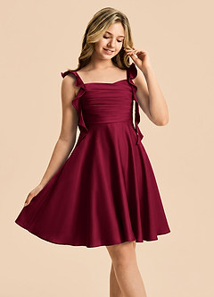 Azazie Kira Junior Burgundy A-Line Ruched Stretch Satin Dress image5